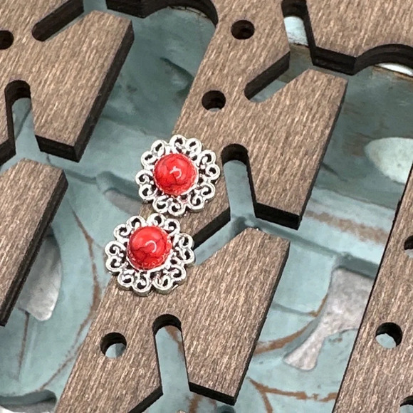 Red Turquoise and silver stud dainty earrings/manifesting compassion and clarity - Picture 1 of 3